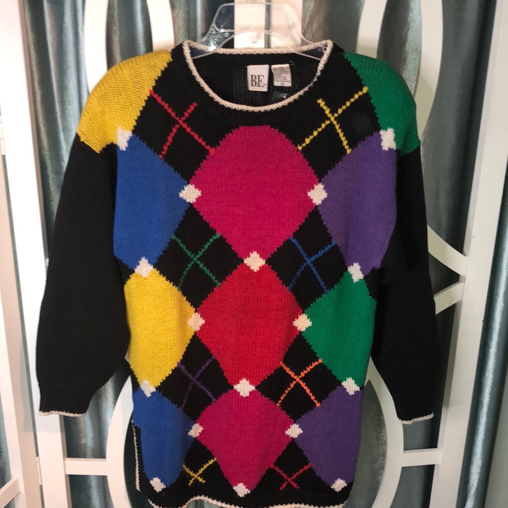 Vintage 90s Color Block Argyle Tunic Sweater